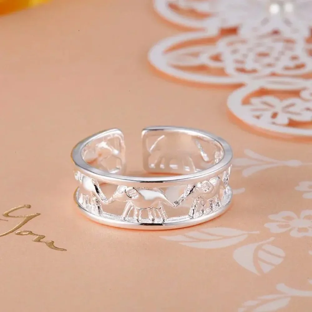 Elephant Adjustable Ring 925 Sterling Silver Heart Gift Ring - Picture 2 of 3